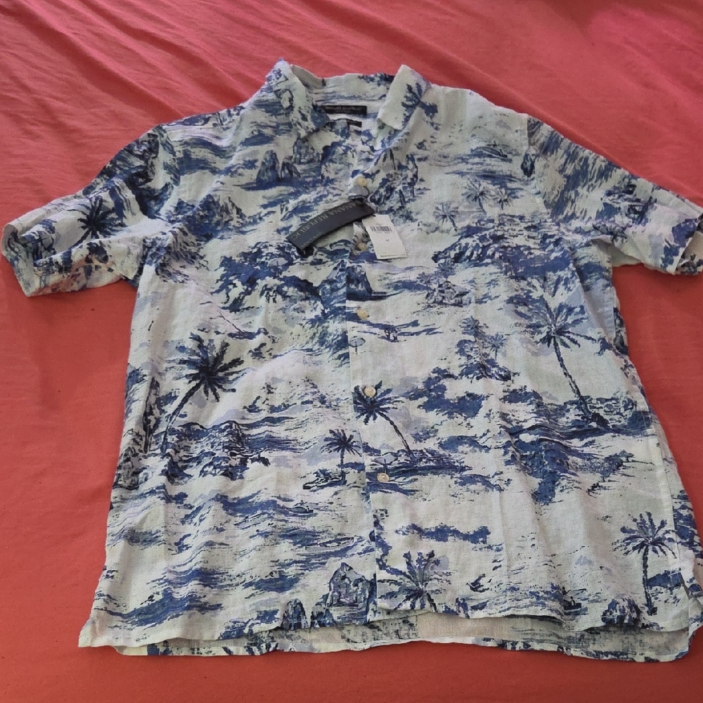 100 % Linen Tropical Blue and White Men's Casual Shirt
